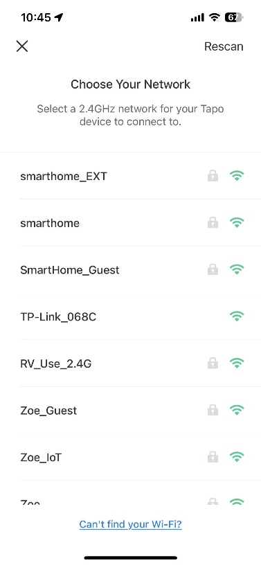 Tapo app "Choose Your Network" screen listing available 2.4GHz Wi-Fi networks to connect the device to.