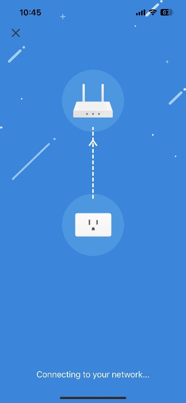 Tapo app connecting screen showing a router and smart plug icon linked by a dashed arrow with "Connecting to your network.