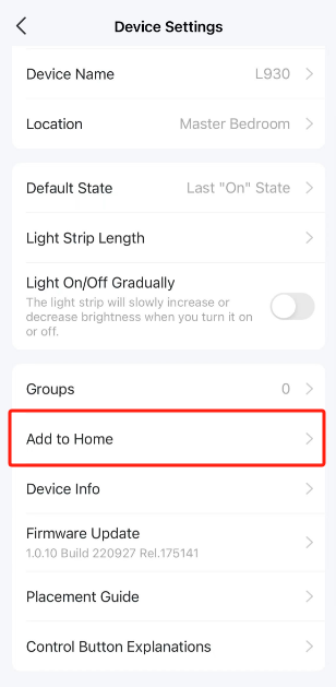 Tapo app Device Settings screen with "Add to Home" option highlighted in a red box.