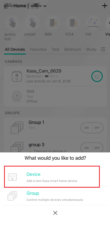 Kasa app "What would you like to add?" dialog with "Device" option highlighted to add a new Kasa smart home device.