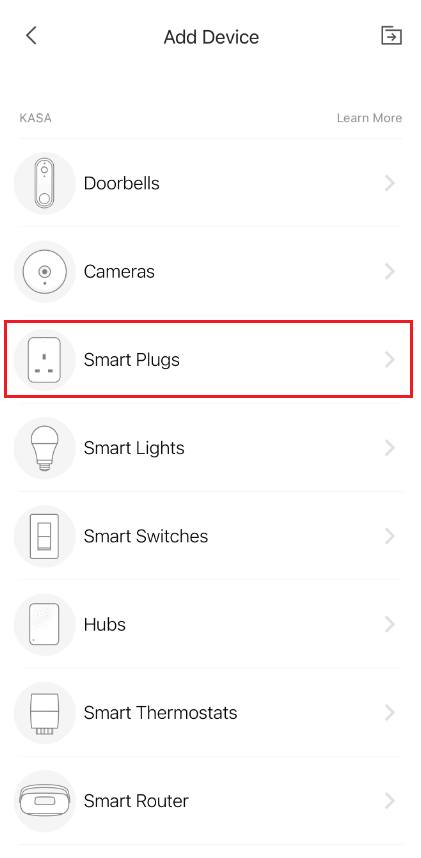 Kasa app "Add Device" category list with "Smart Plugs" highlighted in a red box.