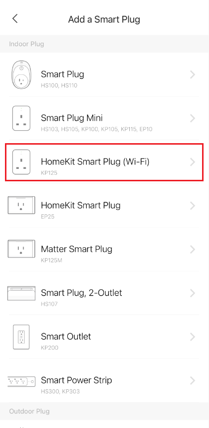 Kasa app "Add a Smart Plug" list with "HomeKit Smart Plug (Wi-Fi) KP125" highlighted in a red box.
