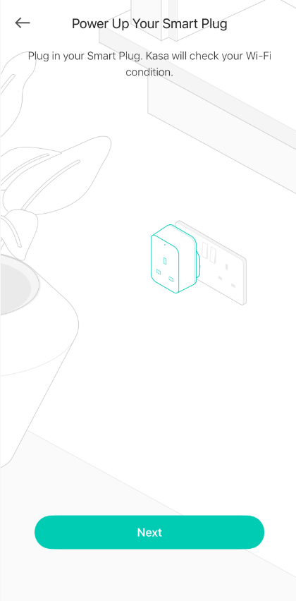 Kasa app "Power Up Your Smart Plug" screen with an illustration of a smart plug being inserted into a wall outlet.