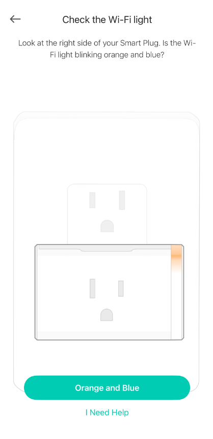 Kasa app "Check the Wi-Fi light" screen showing a smart plug illustration with an orange LED indicator highlighted.
