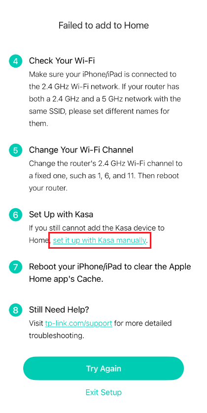 Kasa app "Failed to add to Home" troubleshooting screen with "set it up with Kasa manually" link highlighted.