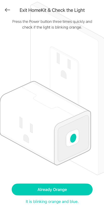 Kasa app "Exit HomeKit & Check the Light" screen showing smart plug illustration with Exit Homekit instructions.