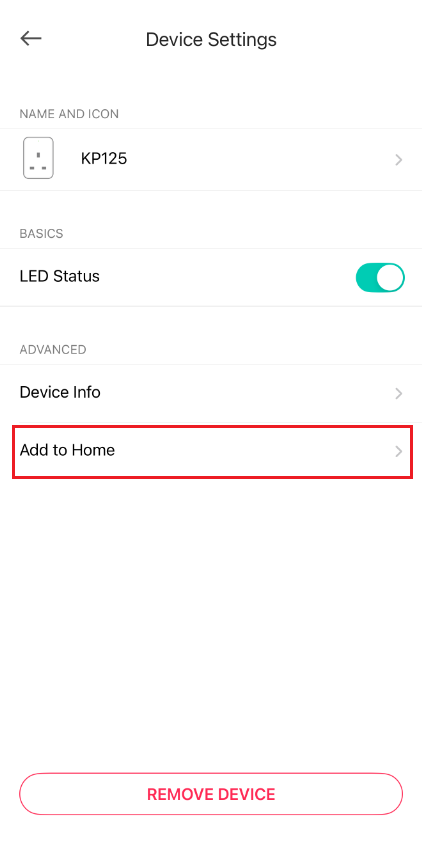 Kasa app Device Settings for KP125 with "Add to Home" option highlighted in a red box.