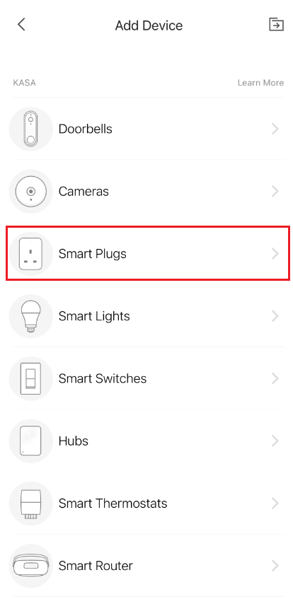 Kasa app "Add Device" category list with "Smart Plugs" highlighted in a red box.