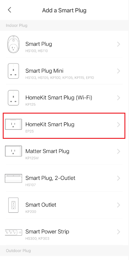 Kasa app "Add a Smart Plug" list with "HomeKit Smart Plug EP25" highlighted in a red box.