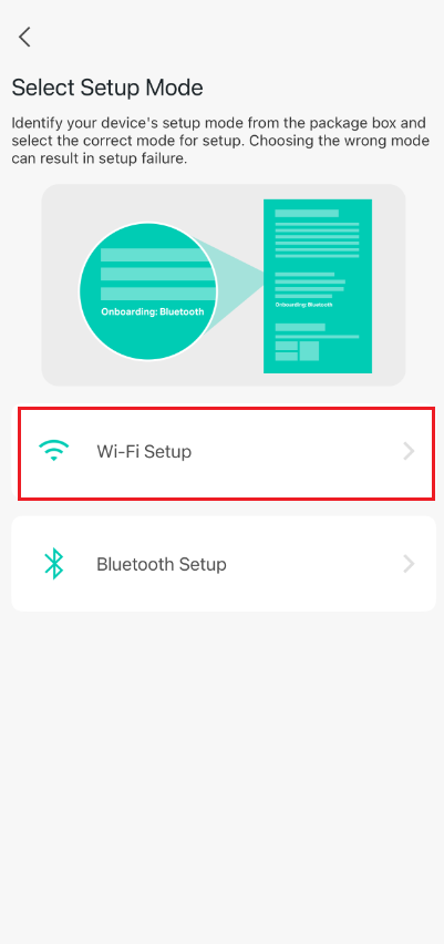 Kasa app "Select Setup Mode" screen with "Wi-Fi Setup" highlighted and Bluetooth Setup as an alternative option.