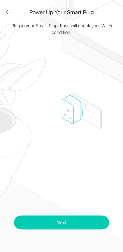 Kasa app "Power Up Your Smart Plug" screen with an illustration of a smart plug being inserted into a wall outlet.
