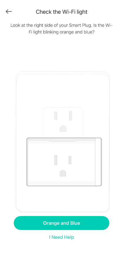 Kasa app "Check the Wi-Fi light" screen showing a smart plug illustration prompting the user to check for orange and blue blinking.