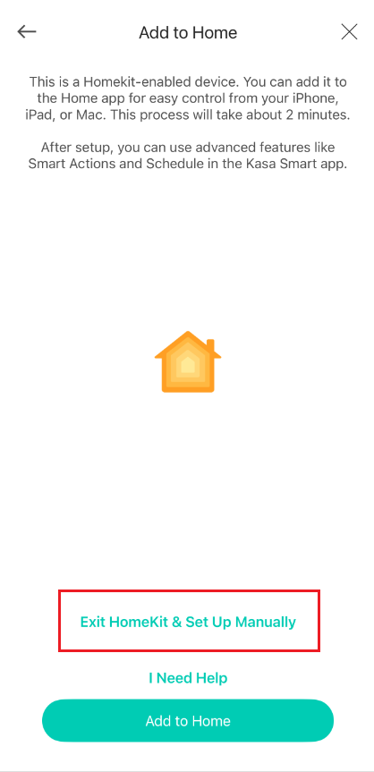Kasa app "Add to Home" screen with "Exit HomeKit & Set Up Manually" button highlighted in a red box.