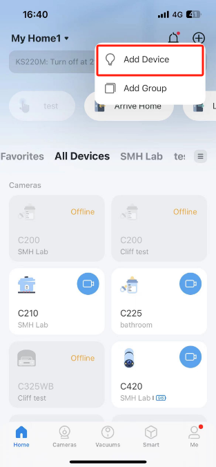 Tapo app home screen with "Add Device" highlighted in a dropdown menu showing connected cameras.