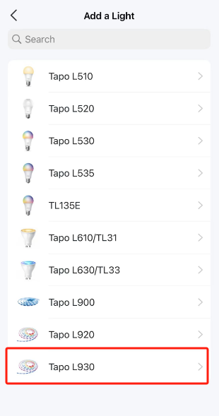 Tapo app "Add a Light" device list with "Tapo L930" highlighted in a red box.