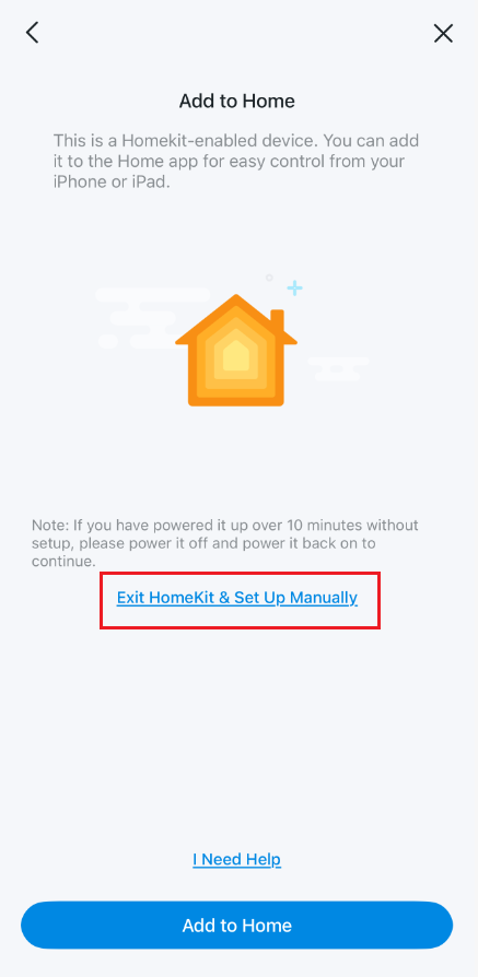 Tapo app "Add to Home" screen with "Exit HomeKit & Set Up Manually" link highlighted in a red box.