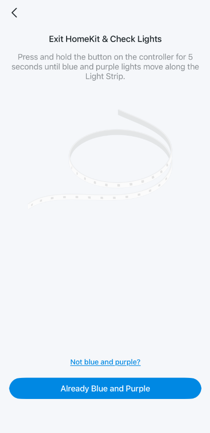 Tapo app "Exit HomeKit & Check Lights" screen with light strip illustration and instructions to hold the button until blue and purple lights appear.