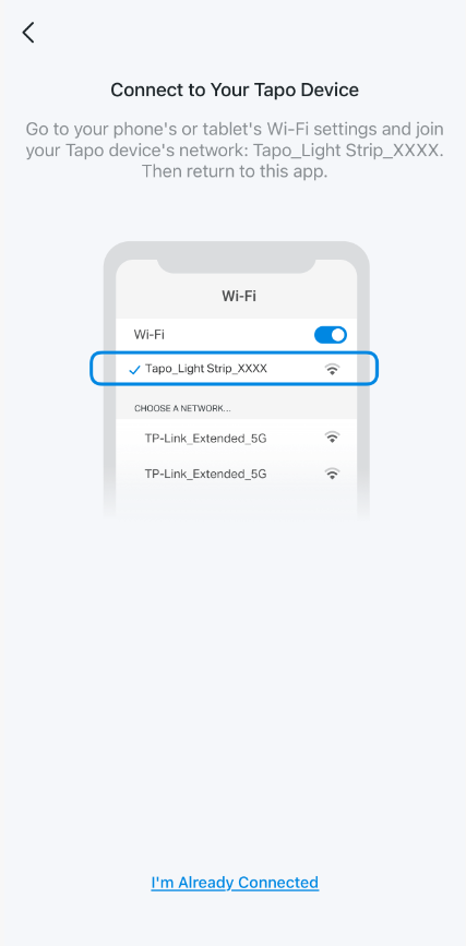 Tapo app "Connect to Your Tapo Device" screen showing Wi-Fi settings with "Tapo_Light Strip_XXXX" network selected.
