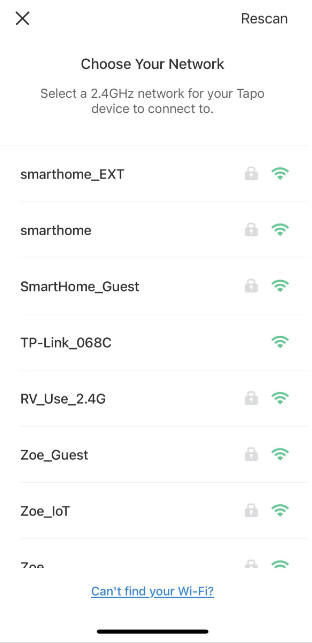 Tapo app "Choose Your Network" screen listing available 2.4GHz Wi-Fi networks to connect the light strip to.