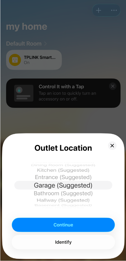 Apple Home "Outlet Location" dialog with "Garage (Suggested)" selected and Continue button.