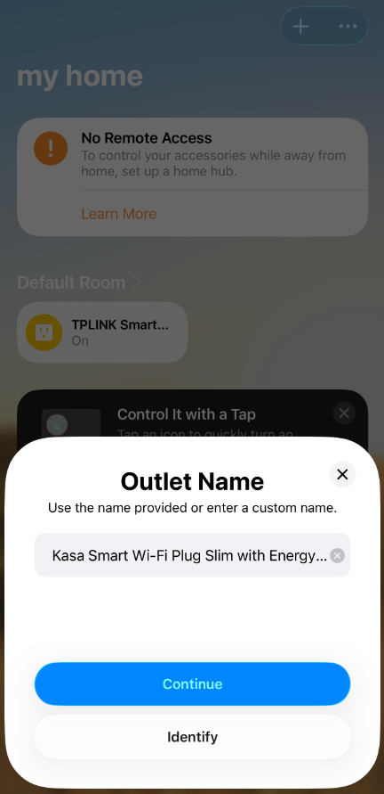Apple Home "Outlet Name" dialog showing "Kasa Smart Wi-Fi Plug Slim with Energy" as the default name.
