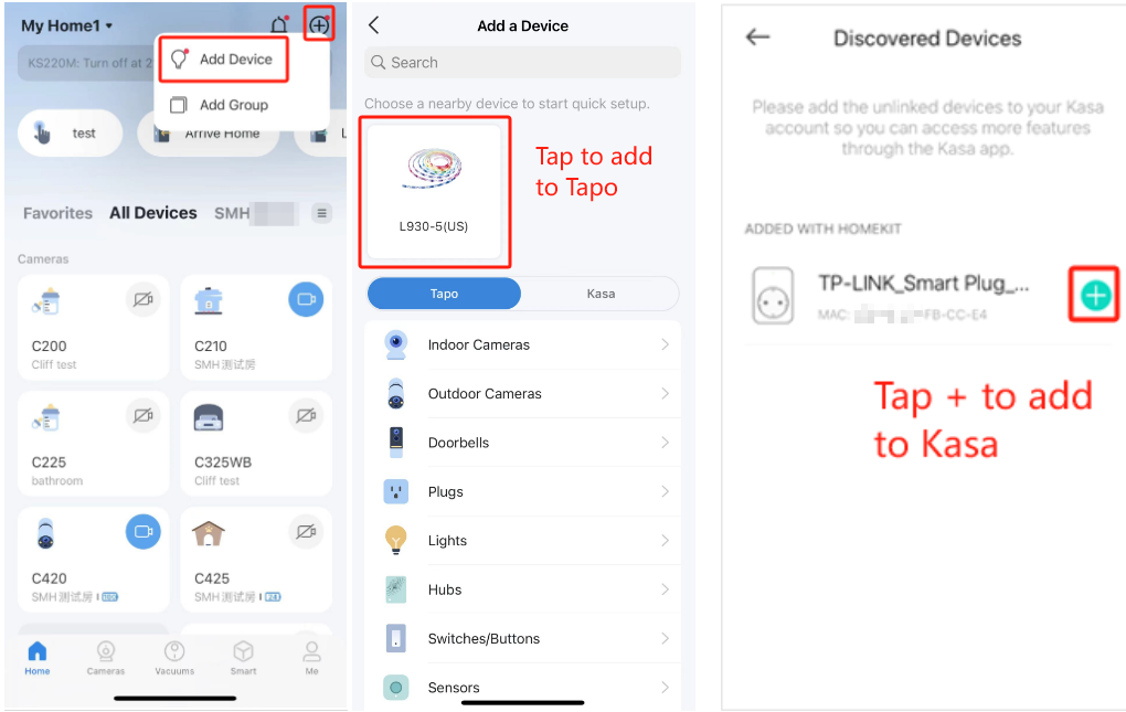 Three-panel Tapo/Kasa app composite showing Add Device menu, device list, and Discovered Devices screen with TP-LINK Smart Plug.