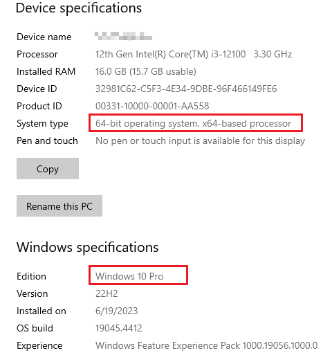 Windows Device Specifications showing System type as 64-bit and Edition as Windows 10 Pro highlighted。