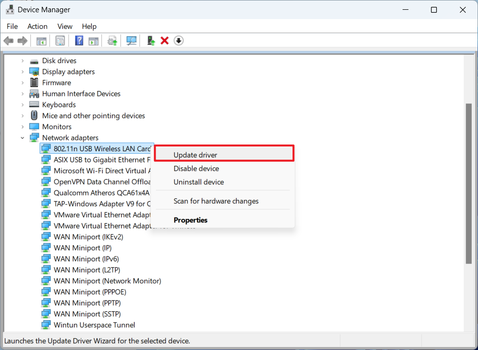 Windows Device Manager with 802.11n USB Wireless LAN Card right-clicked and Update driver highlighted。