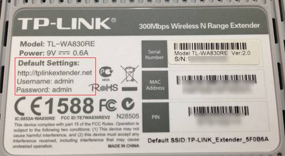 The device label of the TL-WR830RE, with the Default login settings highlighted.