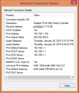 Network Connection Details showing IPv4 address 192.168.1.103, DHCP enabled, default gateway 192.168.1.1.