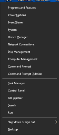 Windows right-click Start menu with options including Network Connections, Command Prompt, and Control Panel.