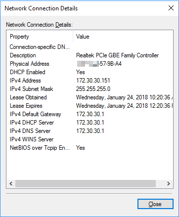 Network Connection Details showing IPv4 address 172.30.30.151, DHCP enabled, default gateway 172.30.30.1. Close button highlighted.