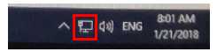 Windows taskbar showing the network icon highlighted with a red rectangle.