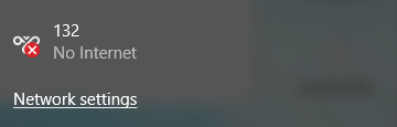 Windows network status popup showing No Internet connection with a Network settings link.