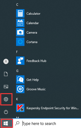 Windows Start menu open with the Windows key, Settings gear icon, and search bar all highlighted in red rectangles.