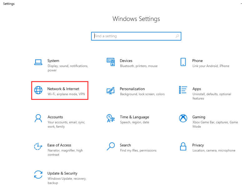 Windows Settings home screen with Network & Internet option highlighted by a red rectangle.