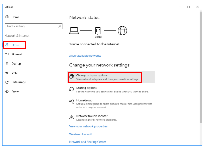Windows Network Status page with Status tab and Change adapter options both highlighted in red rectangles.