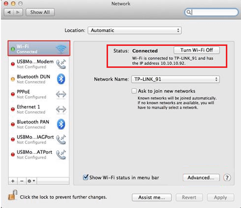 Mac Network settings showing Wi-Fi connected to TP-LINK_91 with IP address 10.10.10.92 highlighted.