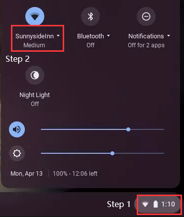 Android quick settings panel showing SunnysideInn Wi-Fi highlighted, with the network icon in the taskbar also highlighted.