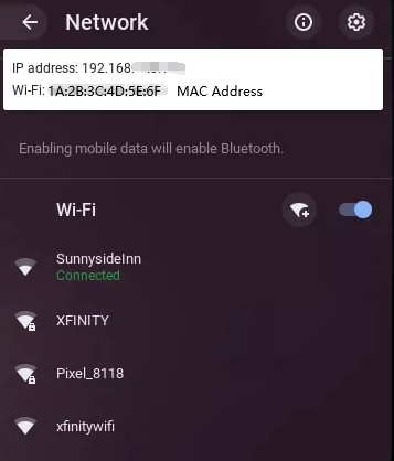 Network settings showing IP address 192.168.x.x and MAC address for the connected Wi-Fi network.
