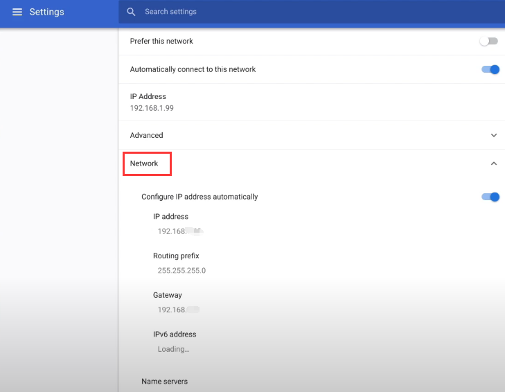 Chromebook network settings showing the Network section expanded with IP address 192.168.1.99 and subnet mask highlighted.