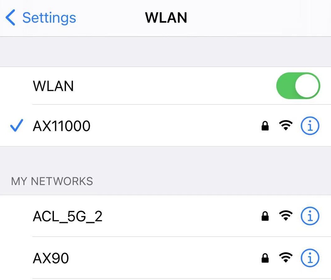 iPhone WLAN settings showing WLAN enabled and connected to AX11000, with other saved networks listed.