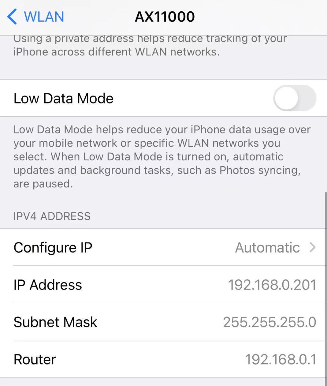 iPhone AX11000 network details showing IPv4 address 192.168.0.201, subnet mask 255.255.255.0, and router 192.168.0.1.