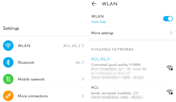 Android Settings showing WLAN connected to ACL_5G_2, alongside the WLAN page showing the connected network details.