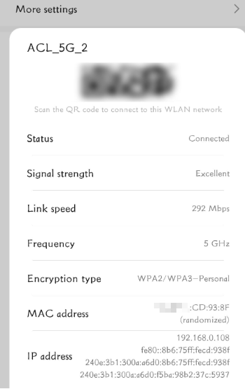 Android WLAN more settings for ACL_5G_2 showing IP address 192.168.0.108, signal strength, and MAC address.