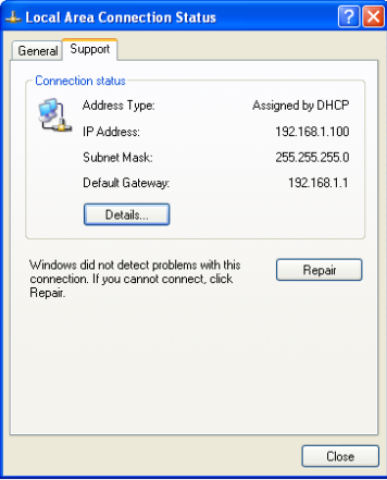 Local Area Connection Status window with the Details button highlighted, showing IP 192.168.1.100 assigned by DHCP.