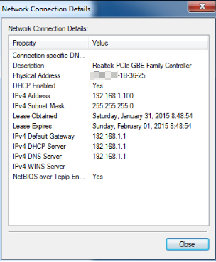 Network Connection Details showing IPv4 address 192.168.1.100, DHCP enabled, with the Close button highlighted.
