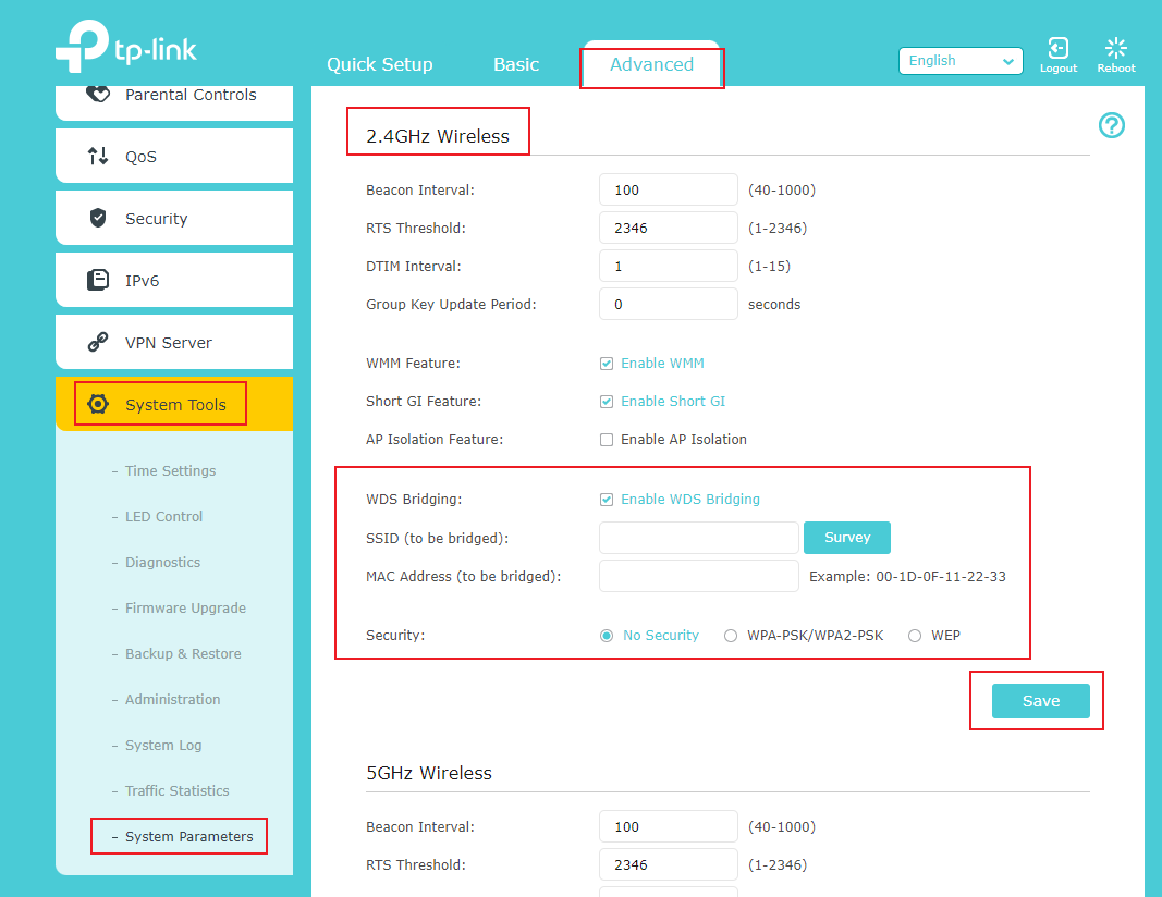The Path to enable the WDS Bridging function.