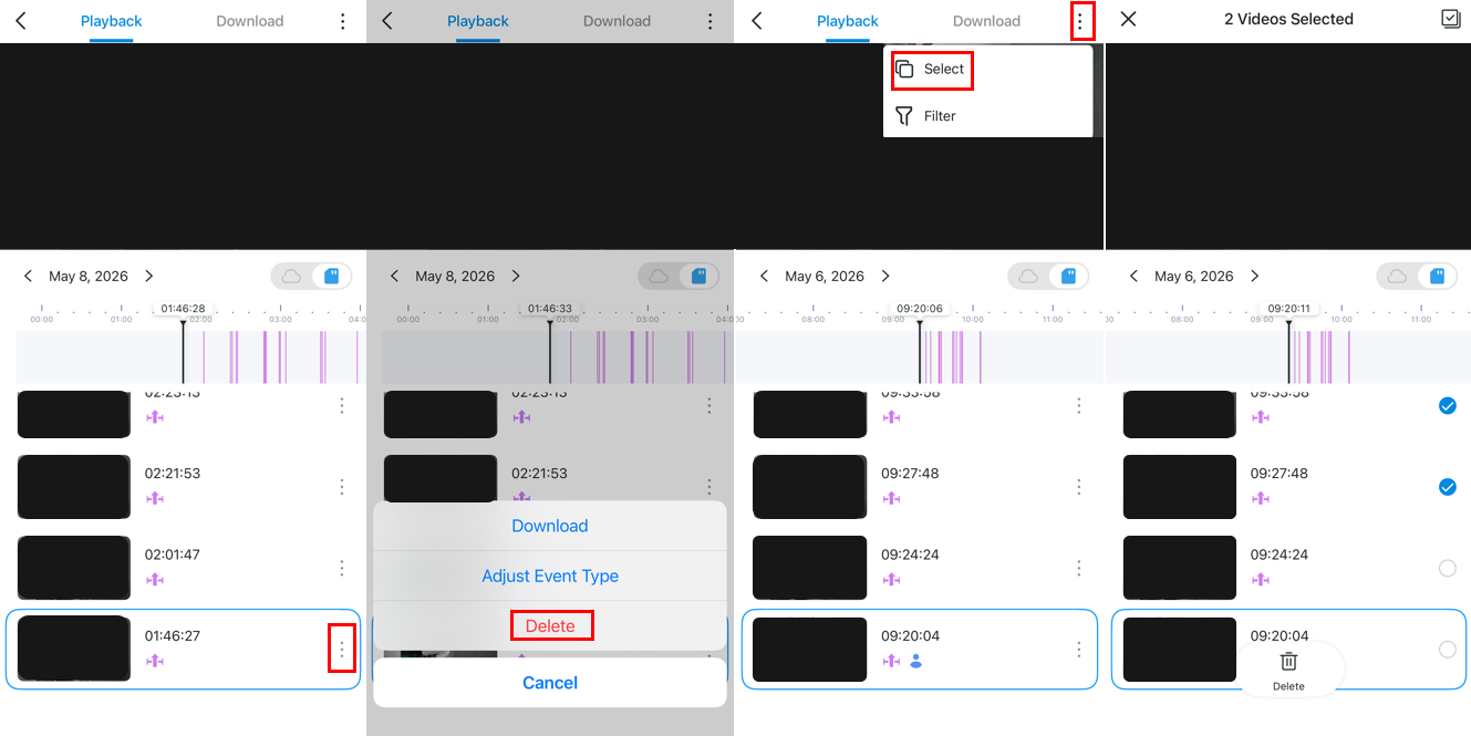 Delete the single video or select multiple videos to delete.