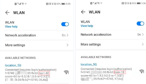Side-by-side Android WLAN screens showing signal strength improvement from rssi=-40 to rssi=-18.
